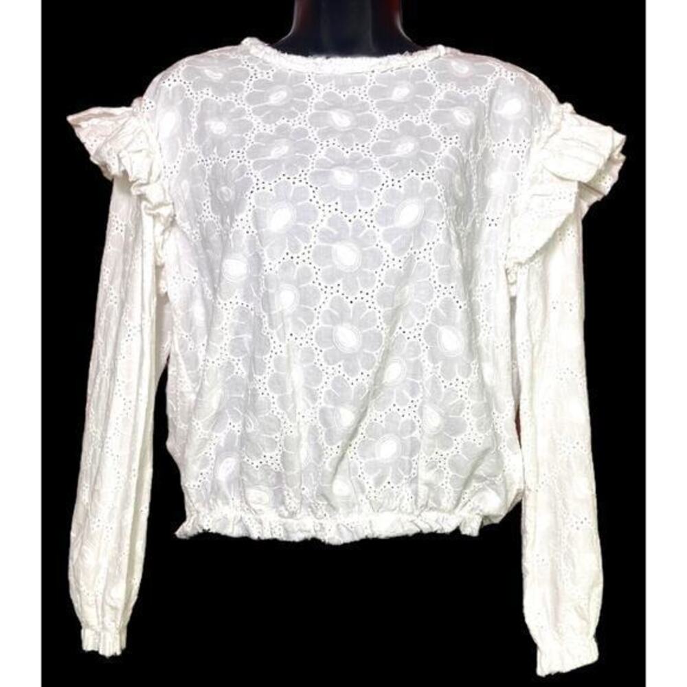 Forever 21 Floral Crochet Long Sleeve Ruffle Pullover Long Sleeve White Top Sz S